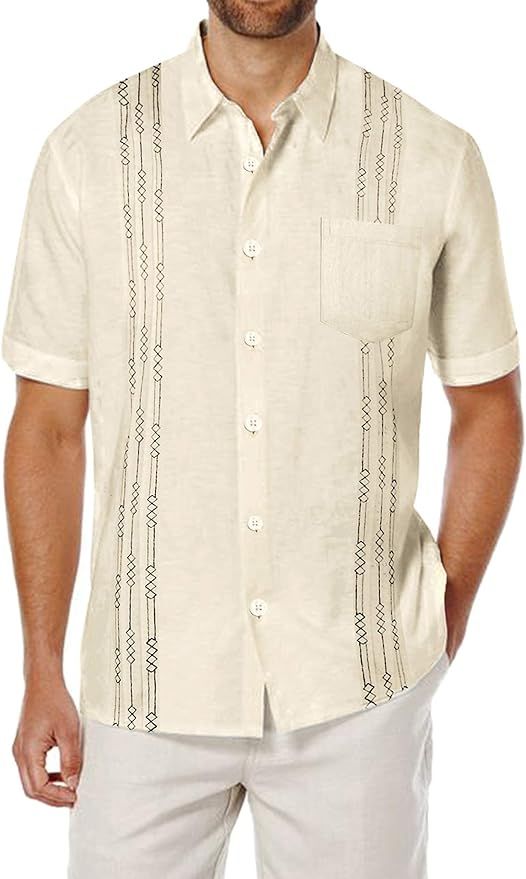 COOFANDY Men's Short Sleeve Linen Shirt Cuban Beach Tops Pocket Guayabera Shirts | Amazon (US)