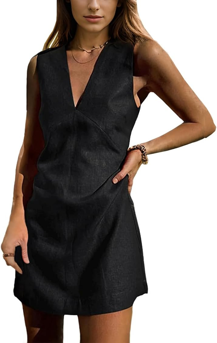 Women's Summer Deep V Neck Linen Dress Sleeveless Vest Dress Casual Beach Sunshine A-line Cotton ... | Amazon (US)
