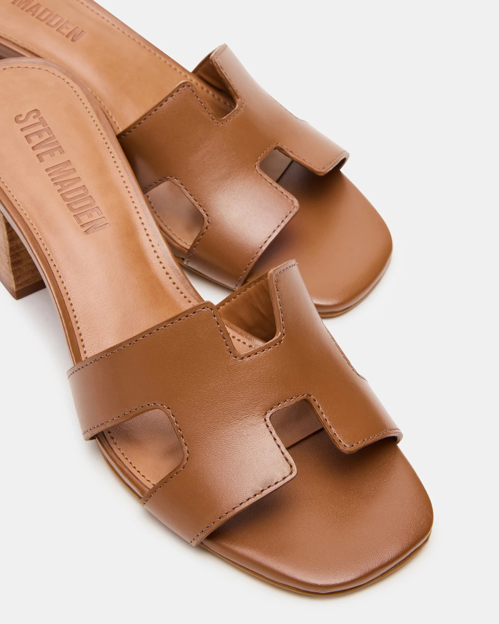 HANA Cognac Leather Square-Toe Mule Block Heel Women's Sandal | Steve Madden (US)