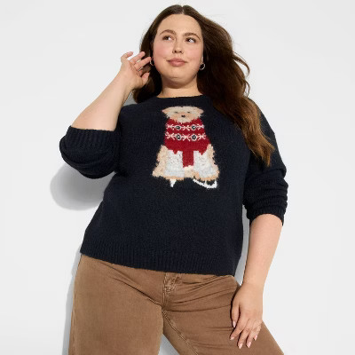 Women's Crewneck Pullover Heritage Novelty Sweater - Wild Fable™ Navy Blue Dogs 1X | Target