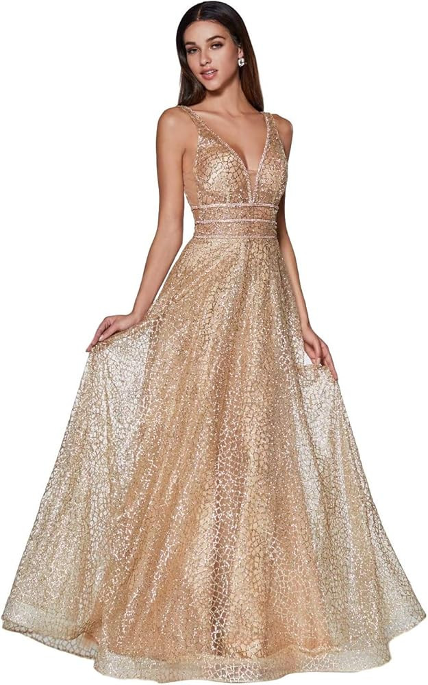 Meier Women's Glitter Tulle Double V-Neck A-Line Prom Formal Gown | Amazon (US)