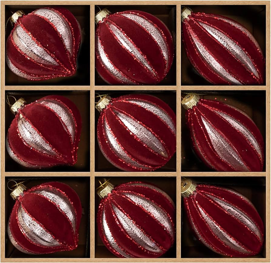 DN DECONATION Burgundy Red Glass Christmas Ornaments, Flocked Velvet Hanging Ball Ornament with A... | Amazon (US)
