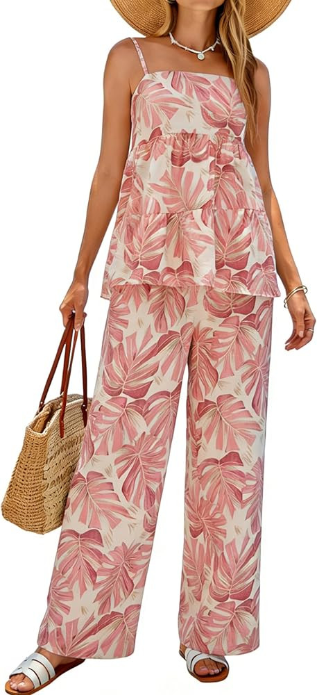 Glamaker Womens Summer 2 Piece Sets Floral Spaghetti Tank Top Wide Leg Pants Travel Beach Vacatio... | Amazon (US)