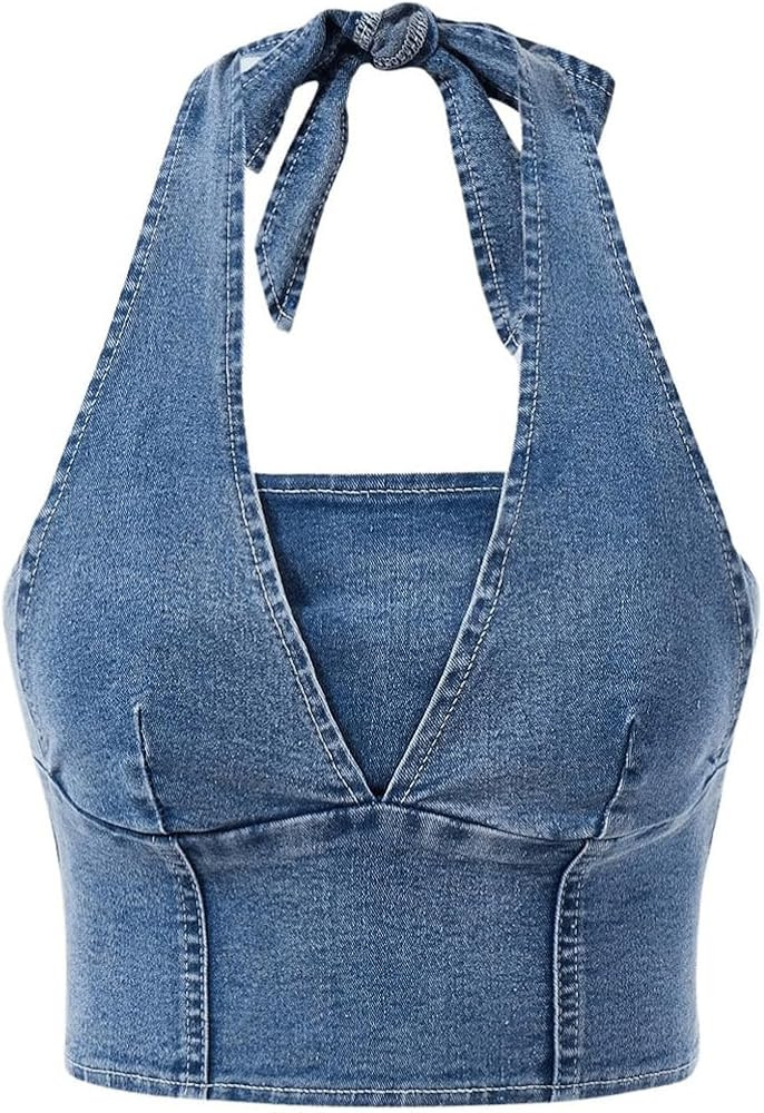 SHENHE Women's Denim Corset Top Sexy Backless Zip Up Jean Halter Tops Crop Top | Amazon (US)