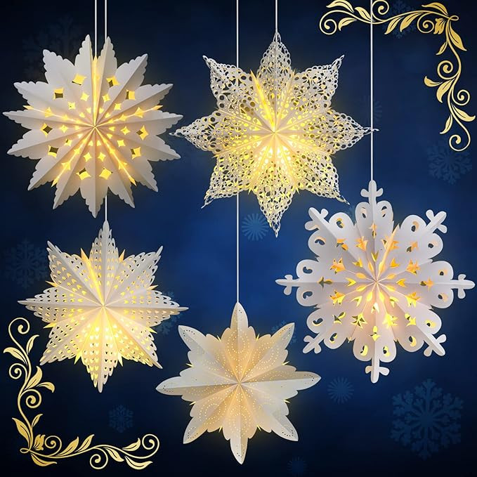 Mudder 5 Pieces Large Christmas Snowflake Paper Lantern with 7 Light 23.6/17.7 Inch Star Paper 3D... | Amazon (US)