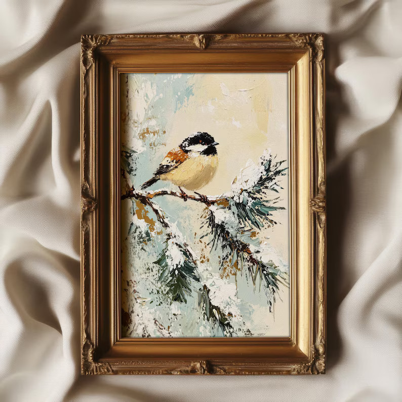 Little Bird on Pine Tree Print Muted Vintage Wall Art | Neutral Cottage Winter Decor | PRINTABLE ... | Etsy (US)