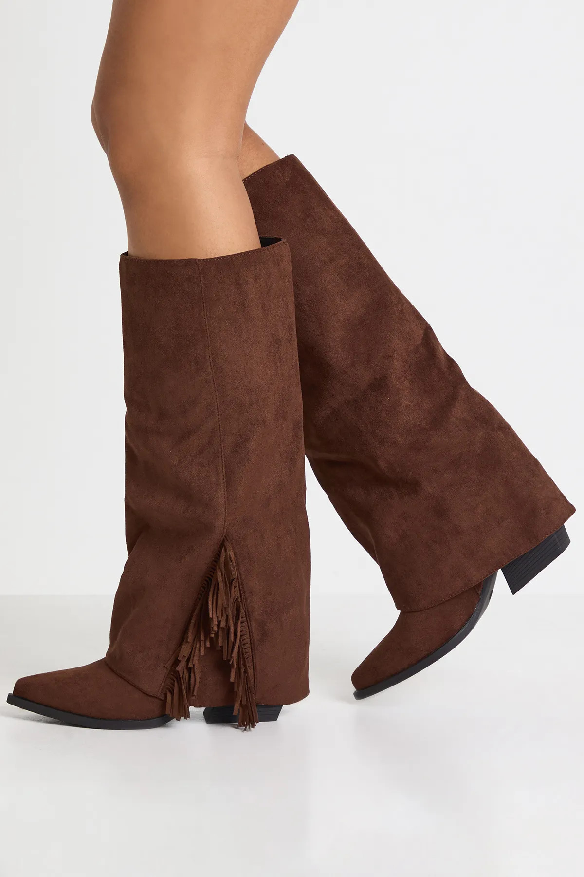 Chocolate Faux Suede Fringe Detail Fold Over Knee High Western Boots | Boohoo | Boohoo.com (UK & IE)
