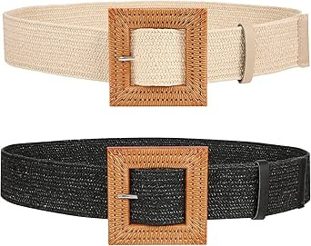JASGOOD Straw Woven Elastic Stretch Belts Women, Wide Boho Braided Dress Belts with Wooden Style ... | Amazon (US)