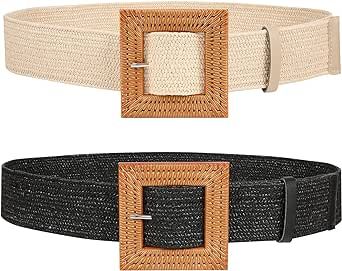 JASGOOD Straw Woven Elastic Stretch Belts Women, Wide Boho Braided Dress Belts with Wooden Style ... | Amazon (US)