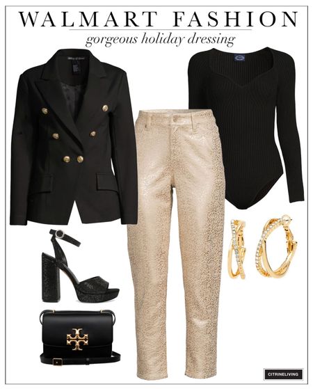 I’m loving this chic and classic look from Walmart! Head to toe stunning in gold and black! #WalmartPartner #WalmartFashion
Black double breasted blazer, gold pants, black bodysuit, black heels, black handbag, gold hoops, holiday outfit  

#LTKstyletip #LTKSeasonal #LTKHoliday