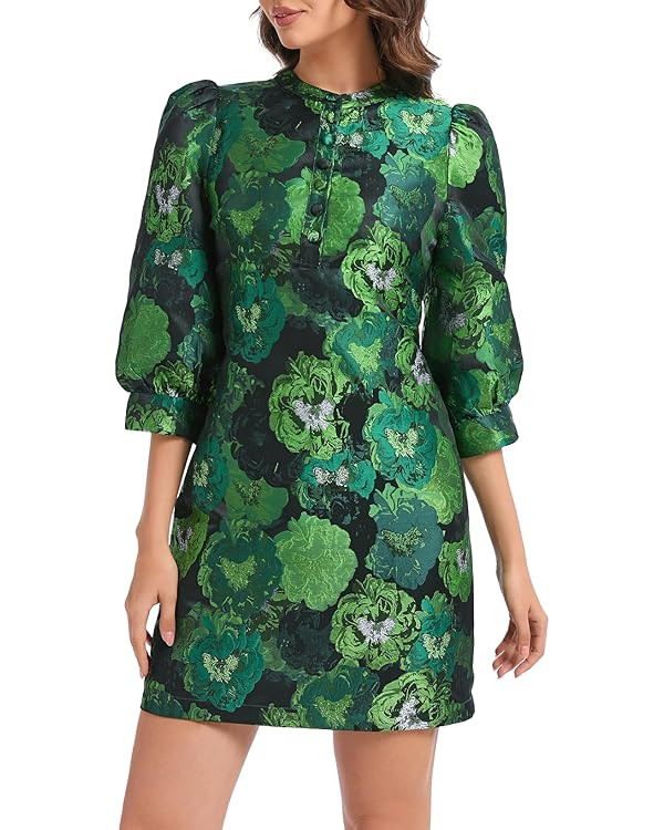 Ladyful Women's Floral Jacquard Shift Dress 2025 Long Puff Sleeve Button Up Elegant Cocktail Part... | Amazon (US)