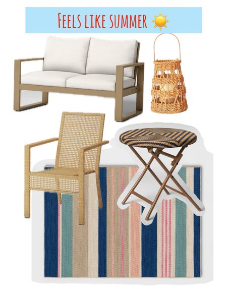 Outdoor patio seating 
Lantern
Striped outdoor rug
Loveseat
Side end table
All Target 🎯 finds ! 

#LTKSeasonal #LTKParties #LTKFamily
