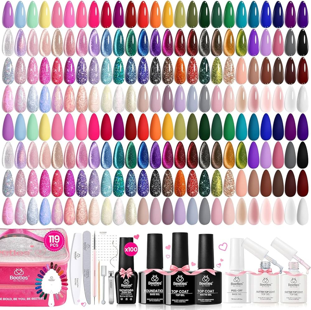 Beetles 119 PCS Gel Nail Polish Set - 100 Colors Nail Polish Kit Cat Eye Pink Blue Jelly Glitter ... | Amazon (US)