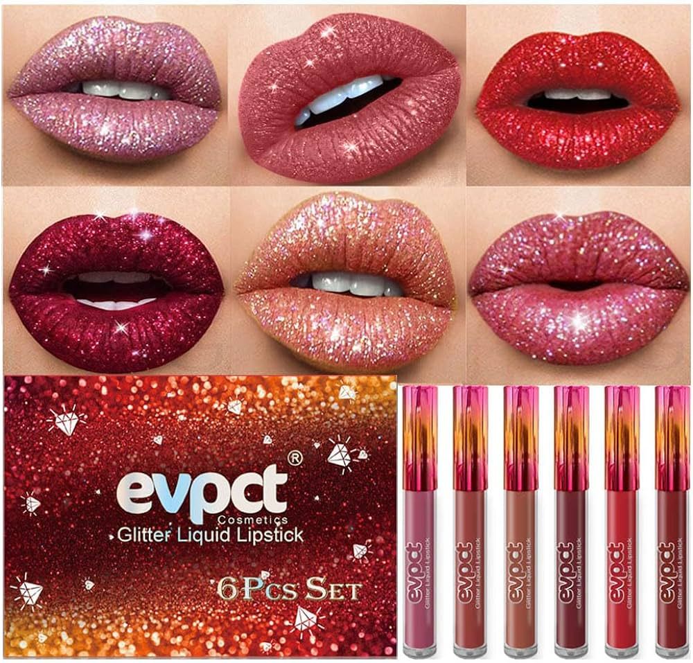 evpct 6Pcs Matte to Glitter Liquid Lipstick Long Lasting Lip Set Kit,6 Color Diamond Dark Red Pin... | Amazon (US)