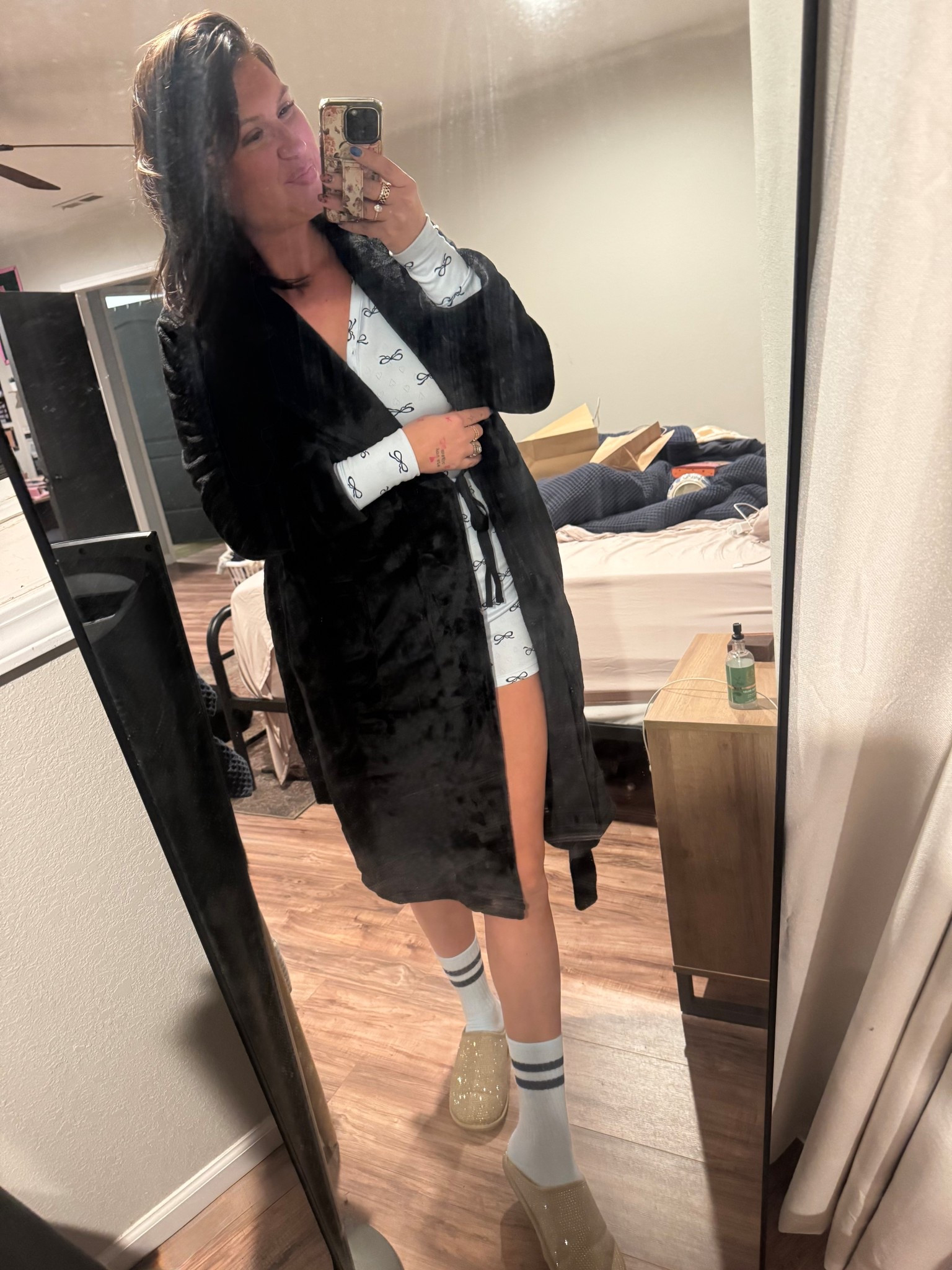 Tonight’s bedtime + domino playing ‘fit ! 
New comfy Jammie’s (that are only $16 for the set & come with the softest socks too!!!) 
AND the coziest robe! 
+ my fave glittery slippers !

