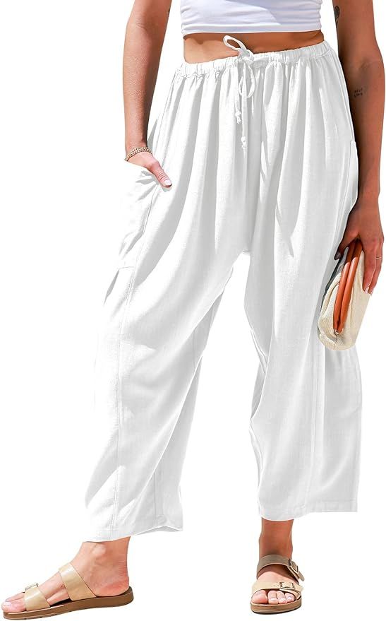 TARSE Womens Linen Wide Leg Pants Casual Loose Drawstring Low Waist Beach Palazzo Harem Pants wit... | Amazon (US)