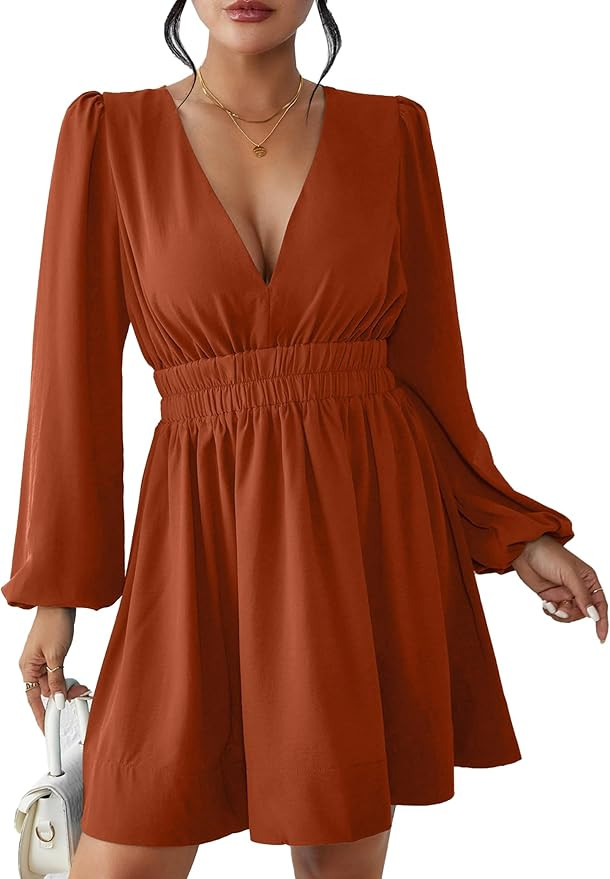 Mini Dress Deep V Sexy Dress Long Sleeve Dress for Women A-line High Waisted Casual Flowy Dress | Amazon (US)