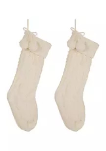 2 Pack Knitted Polyester Christmas Stocking with Pom Pom Ball-White | Belk