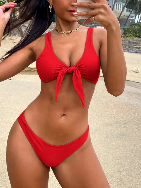 Scrunch Butt Knotted Thong Bikini - Red M | ZAFUL (Global)