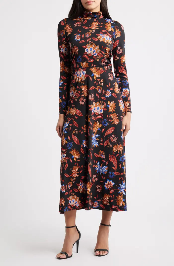 Floral Mock Neck Long Sleeve Midi Dress | Nordstrom
