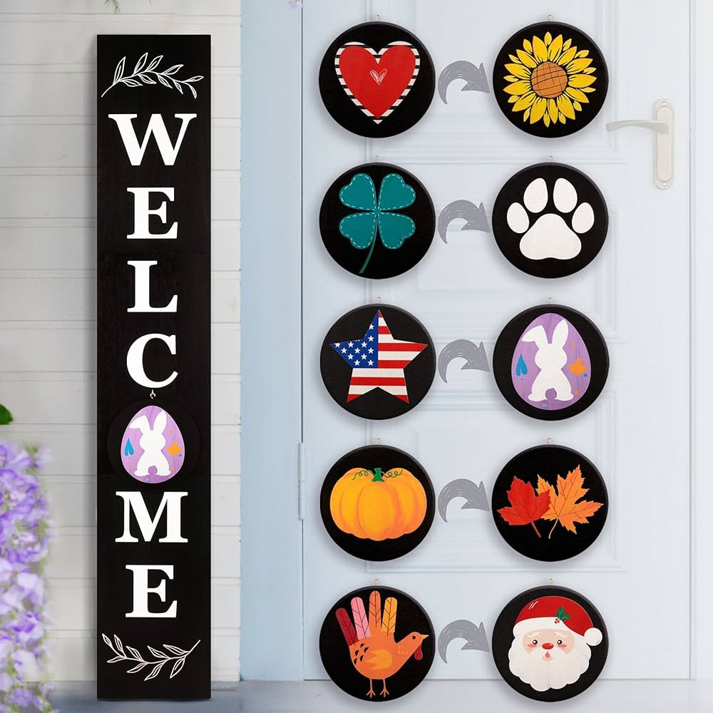 Welcome Sign for Front Door, 47 x 7.9 Wooden Sign with 10 Interchangeable Icons for Porch Standin... | Amazon (US)