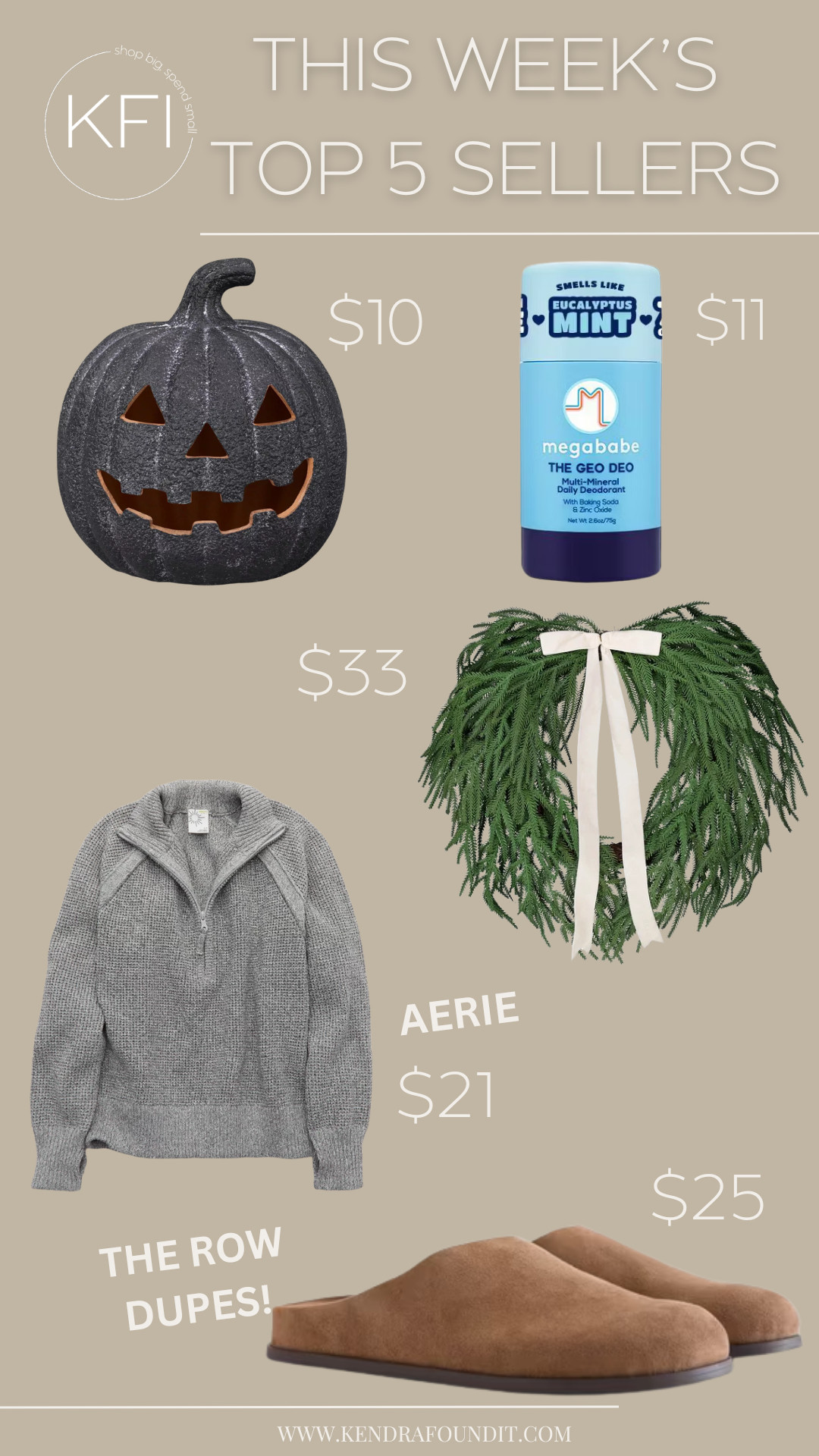 This week's top 5 sellers are in, and this lineup has a little bit of everything! 🎉 That $10 jack-o-lantern is my favorite Pottery Barn pumpkin dupe from Target, same carved charm without the $220 price tag. I also have to talk about my Megababe Geo Deo in eucalyptus mint, on sale right now for $11 — it's the only natural deodorant that's actually worked for me, and I've been using it for 5 years straight, no joke. This Norfolk pine wreath from Walmart is such a wild price for how full it looks in person. My Aerie quarter-zip sweater is down to $21 right now from $70, so grab it while it's still in stock. And these suede clogs are my new favorite The Row Hudson clog dupe, giving that exact quiet-luxury look for a fraction of the cost. Everything's linked here! 🤎

#LTKSeasonal #LTKHome #LTKSaleAlert