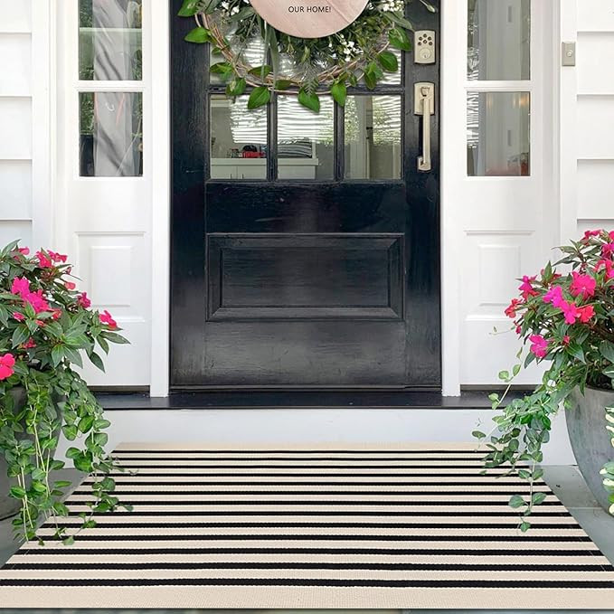 IOHOUZE Black Beige Striped Rug -2.3'x3.6' Front Door Rugs Outdoor, Small Washable Area Rug for F... | Amazon (US)