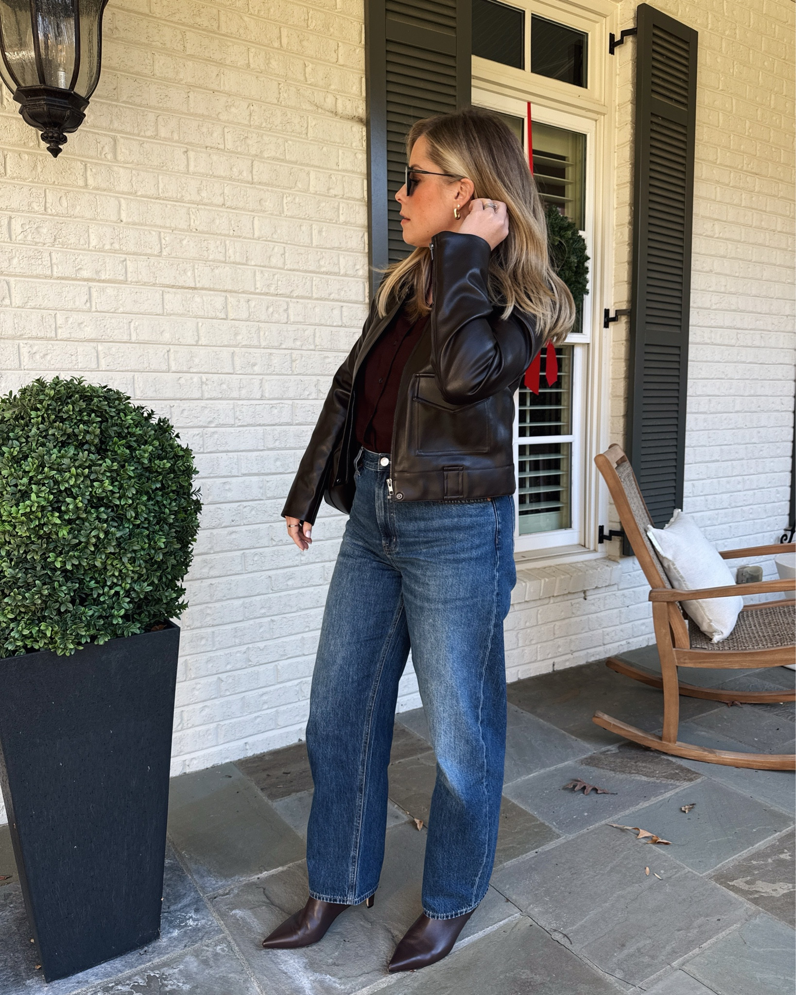 Faux leather jacket by Pistola, runs true/slim , jeans are the Wes in 29, run true  