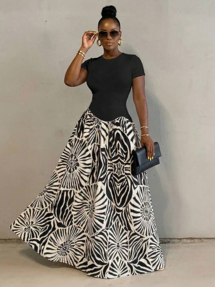 BamGlimmer Spring Summer Autumn New Arrival, Women's Irregular Color Block Floral Long Dress With Black Short Sleeves. Stylish Resort Style, Casual Fashionable And Romantic For Vacation. Suitable For Parties, Seaside And Beach Gatherings. African Style Printed Maxi Dress With Lower Part Spliced Black And White Floral Print. | SHEIN