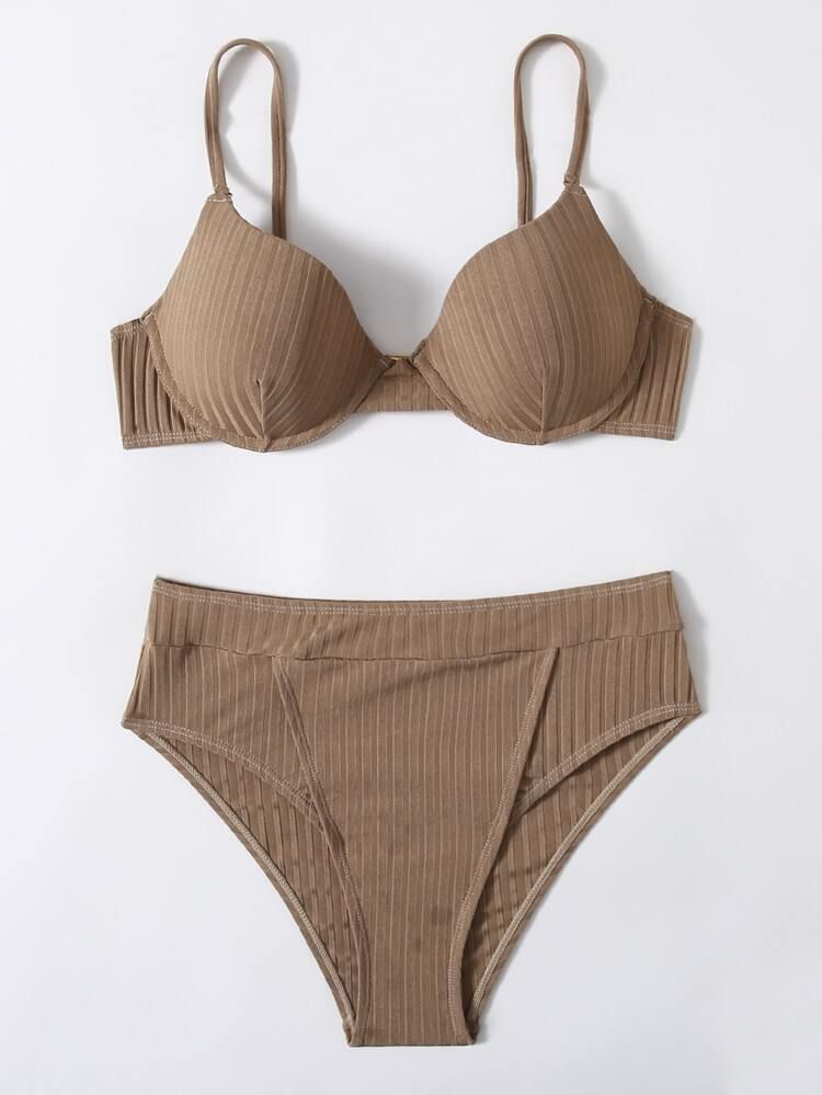 Solid Rib Underwire Bikini Swimsuit | SHEIN