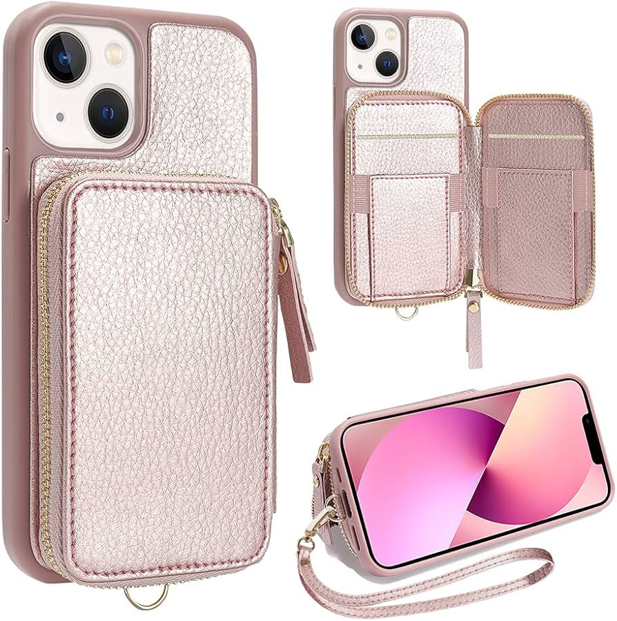ZVE iPhone 13 Wallet Case with RFID Credit Cards Holder, Zipper Leather Case with Wrist Strap, Ha... | Amazon (US)