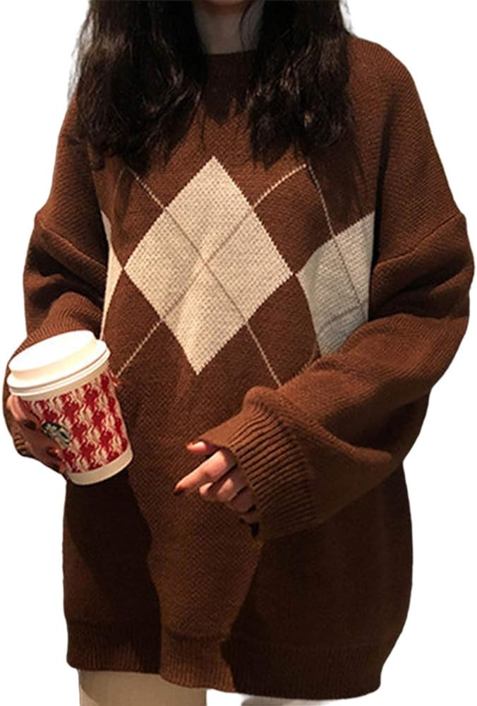 Lunoakvo Women Geometric Pattern Argyle Pullovers Loose Oversized O-Neck Knitted Sweaters Jumper | Amazon (US)