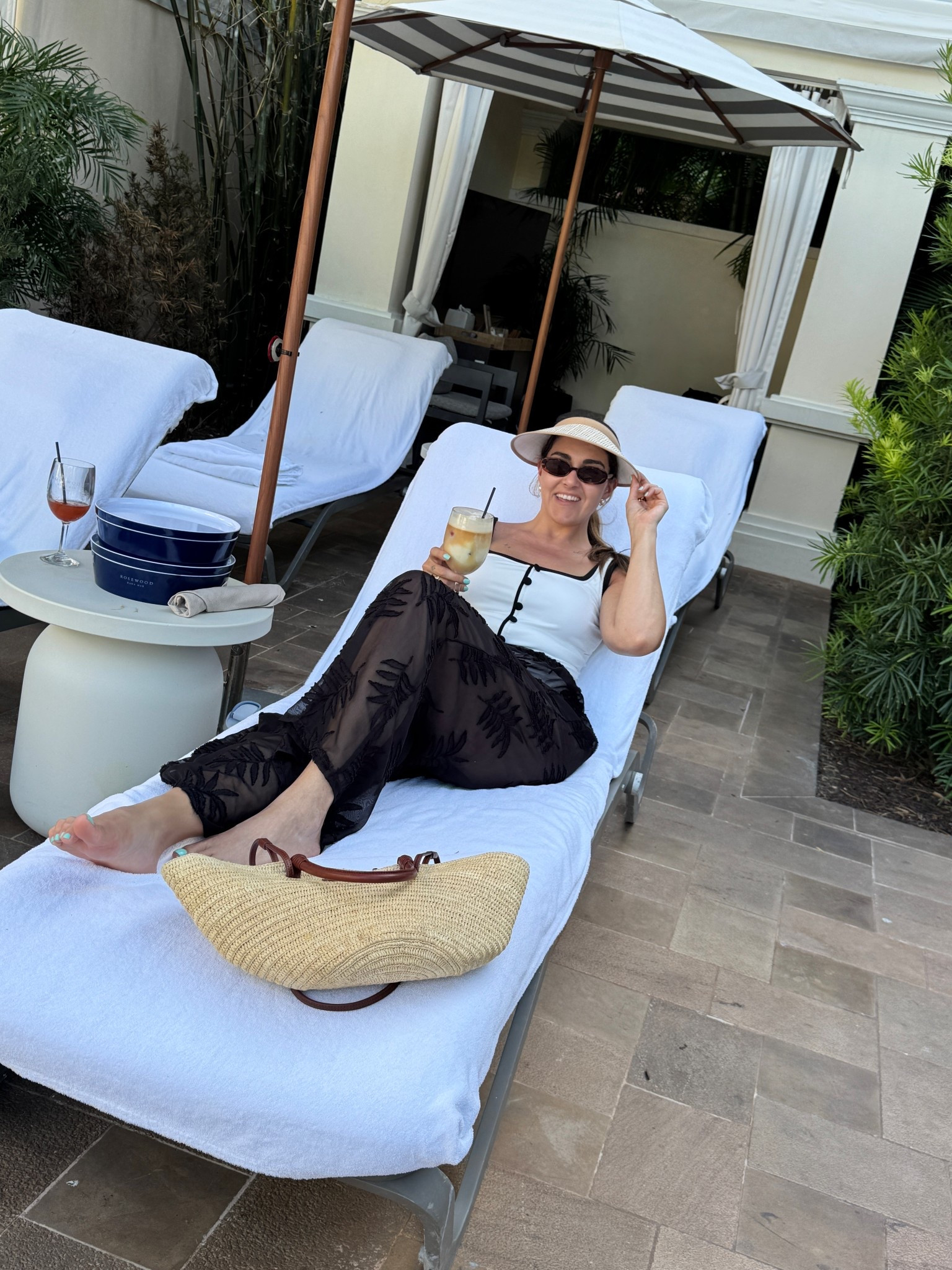 cabana living 🌴 

chic black and white vintage one piece, same grace tank one piece, sezane justine raffia bag, oran dupes, retro sunnies, palm leaf resort cover up, wide brim visor 

#LTKSummerEdit #LTKFindsUnder100 #LTKSwim