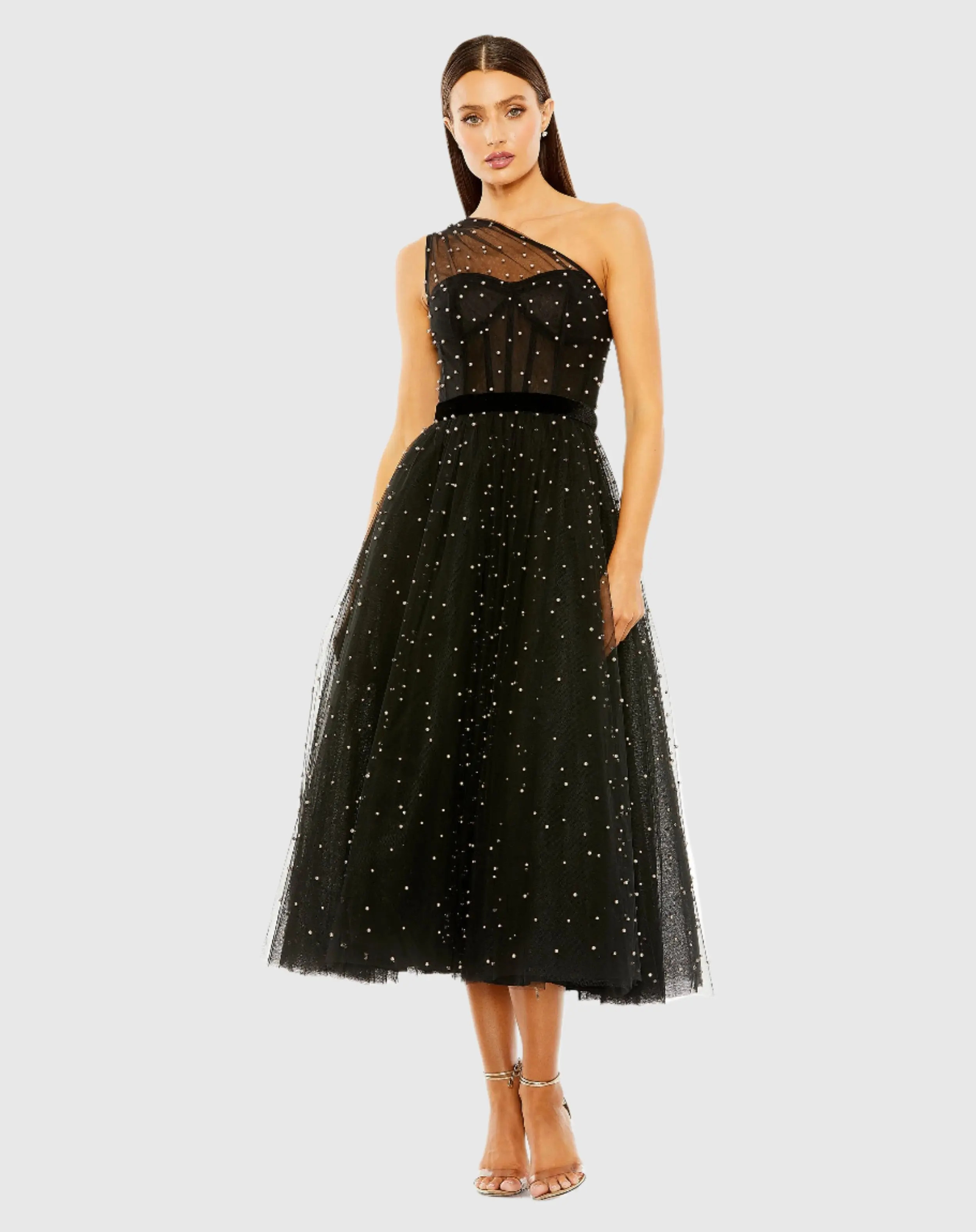 Black One Shoulder Pearl Beaded Midi Ball Gown | Mac Duggal | Mac Duggal