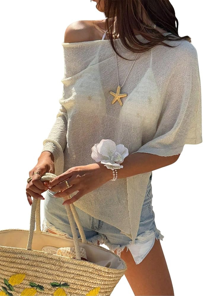 SOLY HUX Women's Sheer Poncho Cover Up Top Mesh Asymmetrical Shawl Beach Bikini Coverups | Amazon (US)