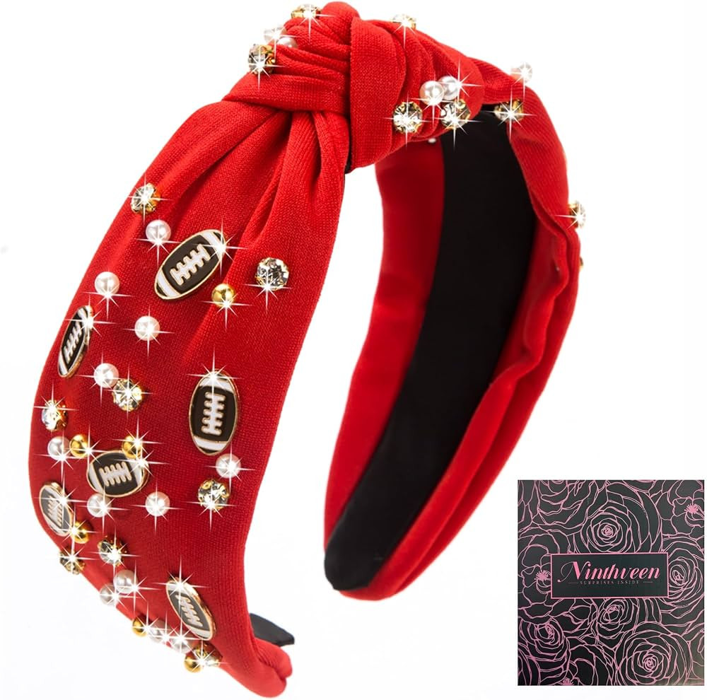Women's Fashion Football Headband Black Red Orange Blue Pearl Rhinestone Jeweled Knotted for Girl... | Amazon (US)