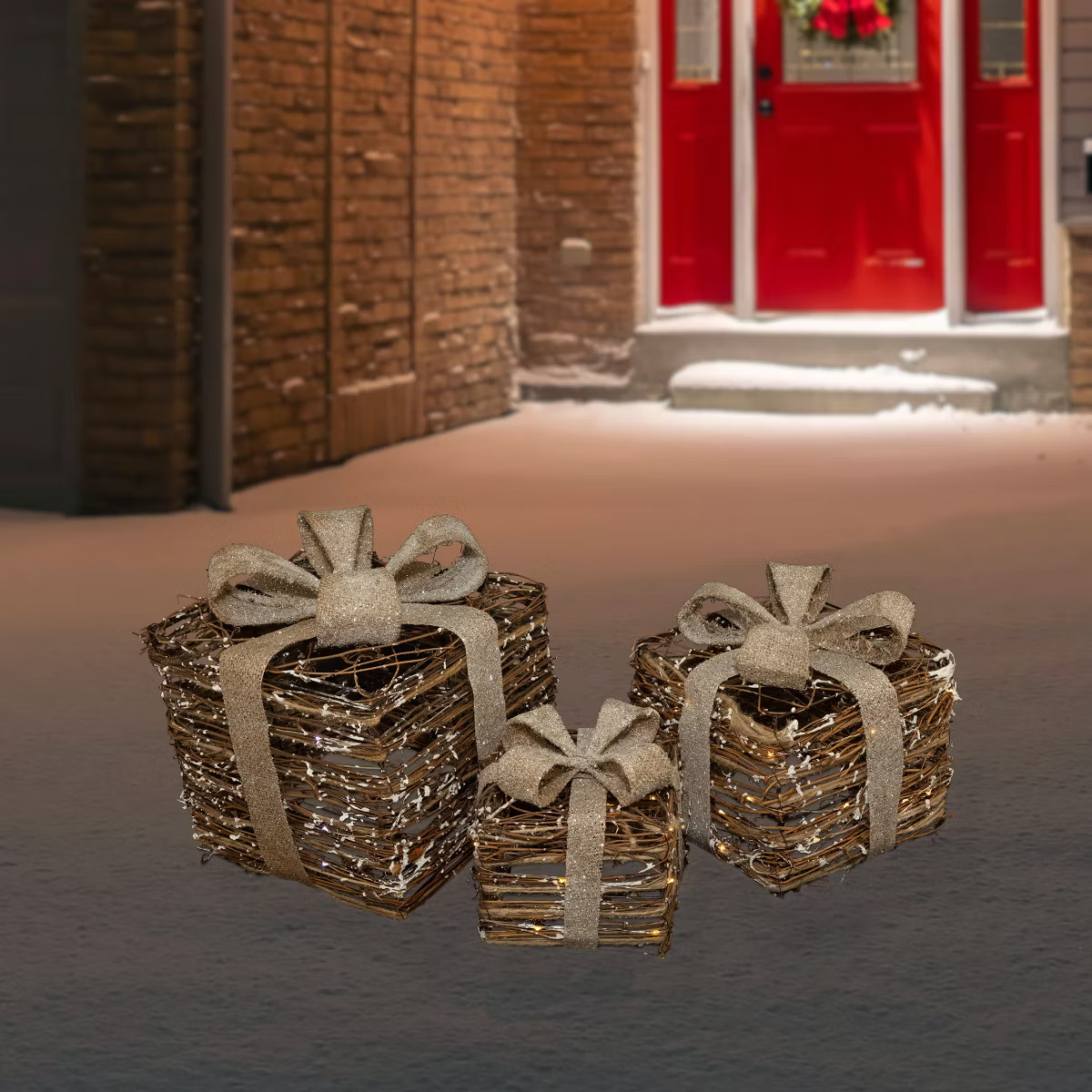 Northlight Set of 3 Lighted Rattan Gift Boxes with Burlap Bows Christmas Decorations 9" | Target