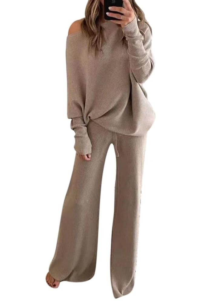 Linsery Womens 2 Piece Outfits One Shoulder Knit Sweater Pullovers Wide Leg Pants Sets Sweatsuit ... | Amazon (US)