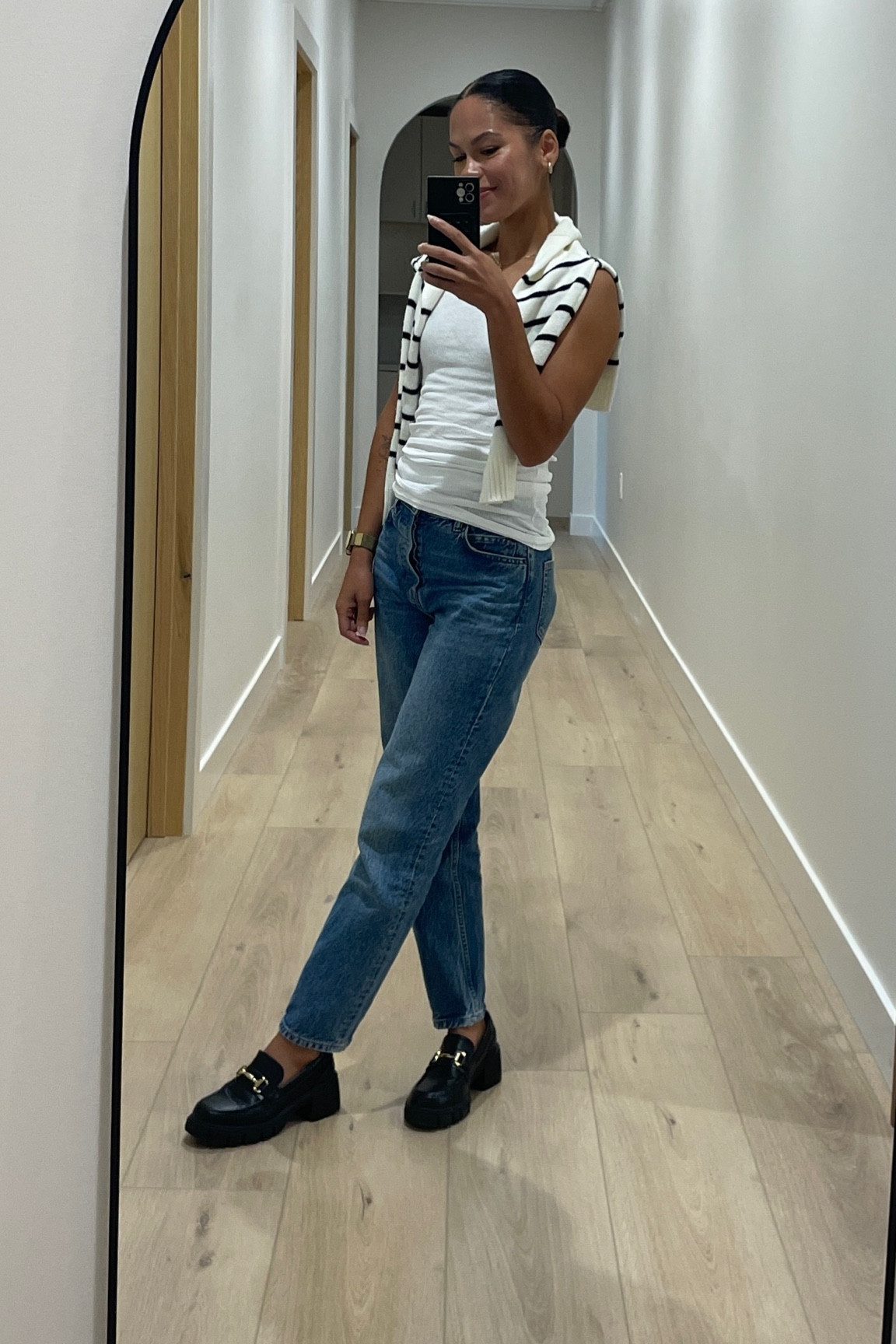 Simple Friday business casual jeans striped sweater tank loafers 

#LTKShoeCrush #LTKWorkwear