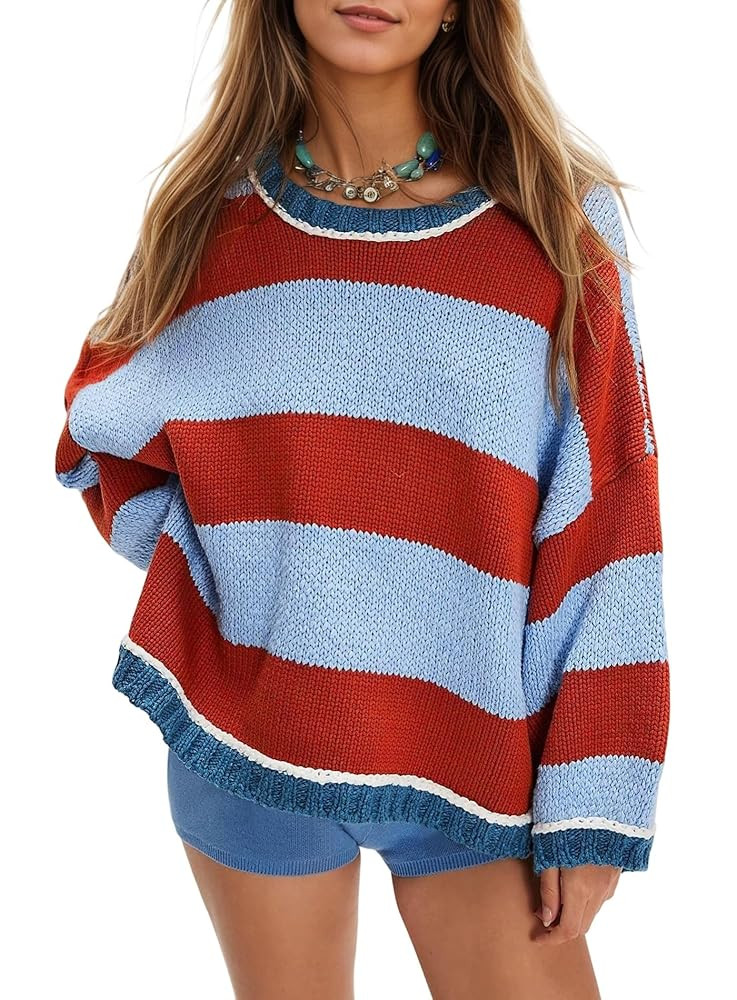 Women's Chunky Knit Striped Sweaters Casual Long Sleeve Crew Neck Oversized Pullover Sweater Wint... | Amazon (US)