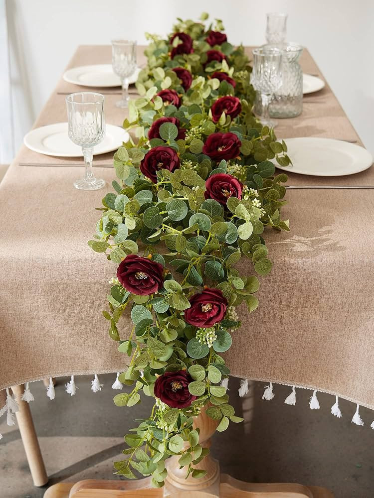 PARTY JOY 6.5 ft Eucalyptus Garland with Flowers, Floral Greenery for Party Wedding Table Indoor ... | Amazon (US)