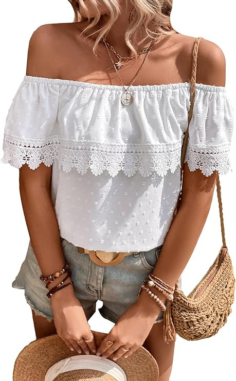 MakeMeChic Women's Off The Shoulder Tops Short Sleeve Loose Lace Summer Top | Amazon (US)
