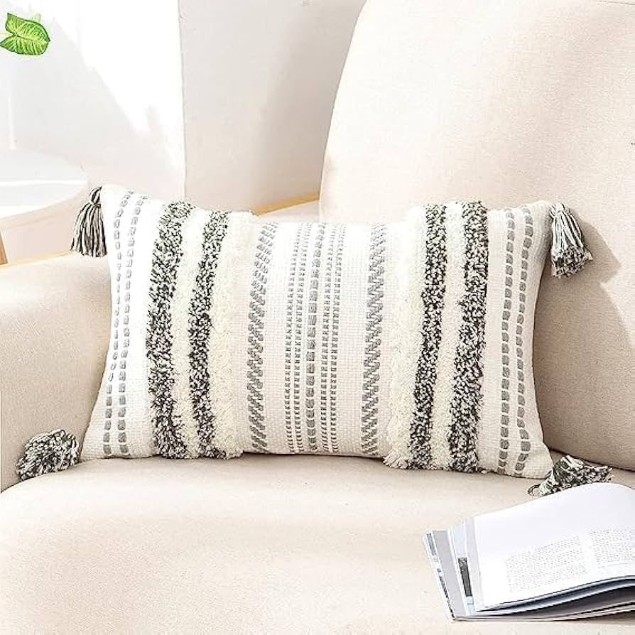 decorUhome Decorative Boho Throw Pillow Covers 12x20, Lumbar Accent Neutral Tufted Pillow Covers ... | Amazon (US)