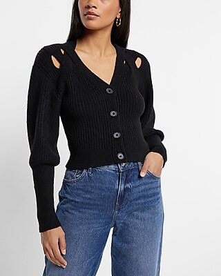 V-neck Balloon Sleeve Criss Cross Cutout Cardigan | Express
