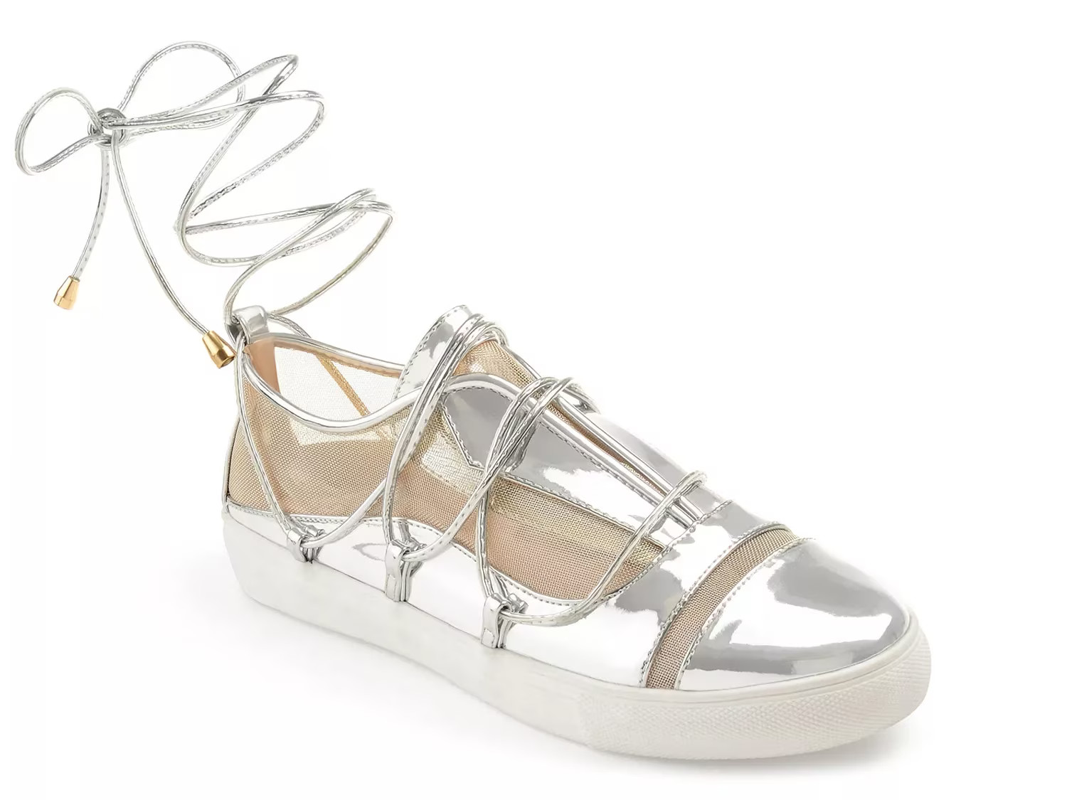 Journee Collection Harp Flat - Women's - Silver Metallic Faux Patent Leather - Size 6.5 - Lace-Up | DSW