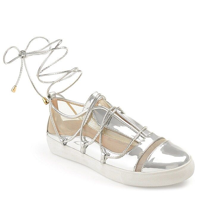Journee Collection Harp Flat - Women's - Silver Metallic Faux Patent Leather - Size 6.5 - Lace-Up | DSW