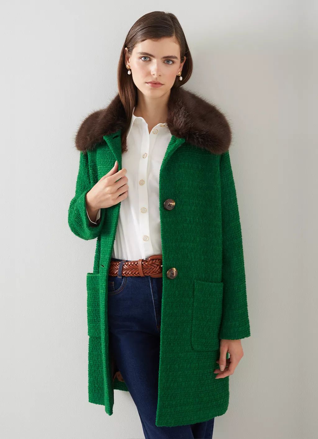 Aster Green Italian Bouclé Coat With Faux Fur Collar | L.K. Bennett (UK)