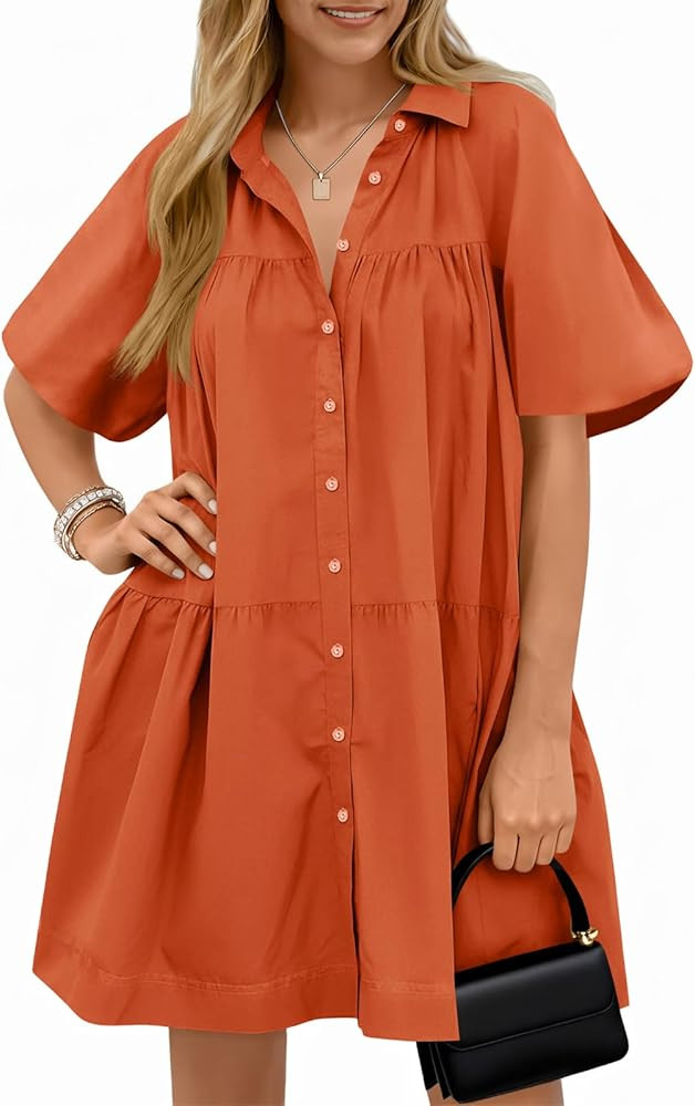 Wenrine Women's Summer Button Down Shirt Dress Floral Puff Short Sleeve Casual Loose Fit Beach Mi... | Amazon (US)