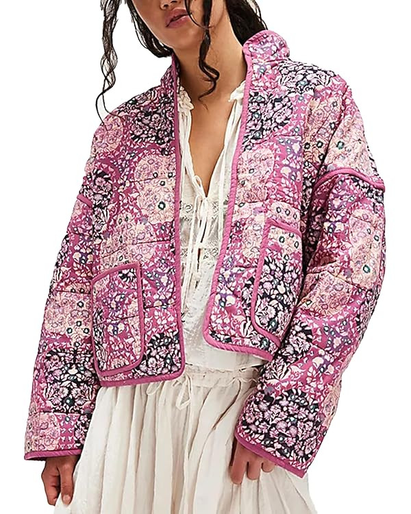 Womens Cropped Floral Puffer Jacket Lightweight Open Front Long Sleeve Padded Quilted Coat with P... | Amazon (US)