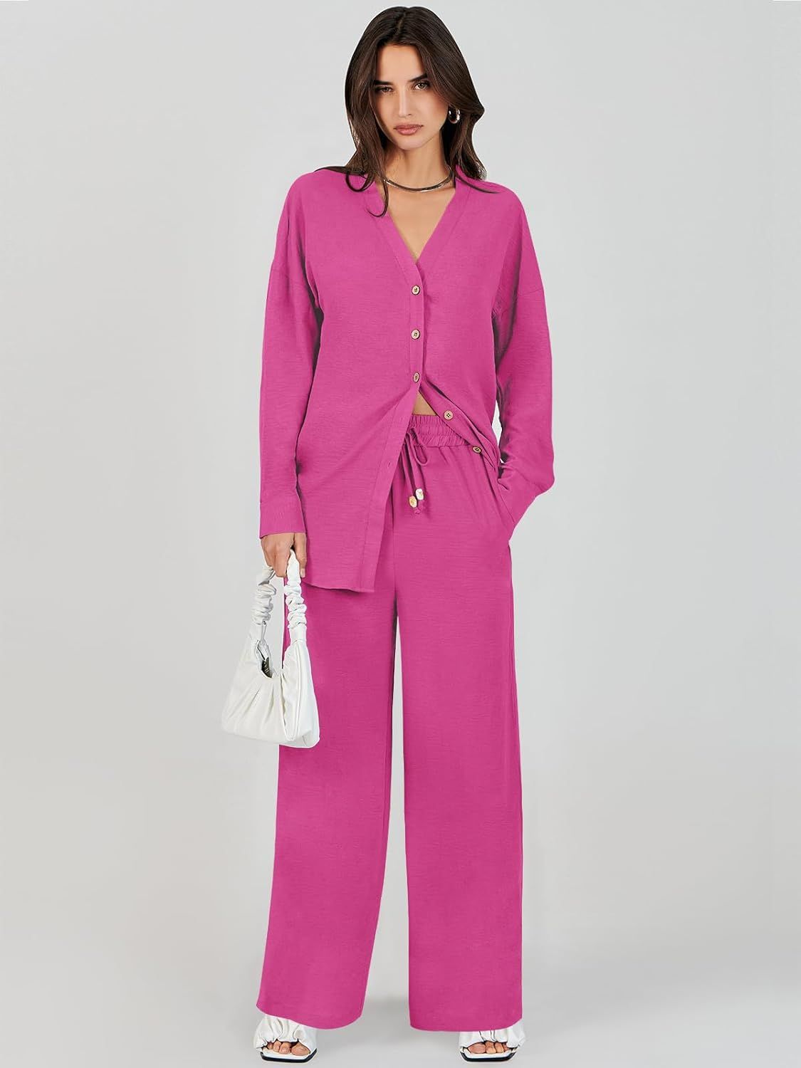 Caracilia Women's 2 Piece Outfits Lounge Sets Long Sleeve Button Down Shirts Wide Leg Palazzo Pan... | Amazon (US)